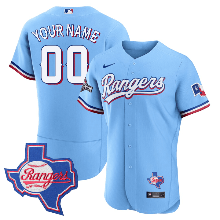 Texas Rangers Texas State Patch Custom Blue Jersey - All Stitched
