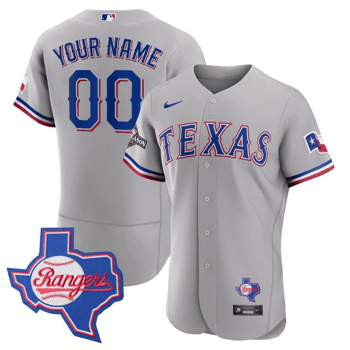 Texas Rangers Texas State Patch Custom Gray Jersey - All Stitched