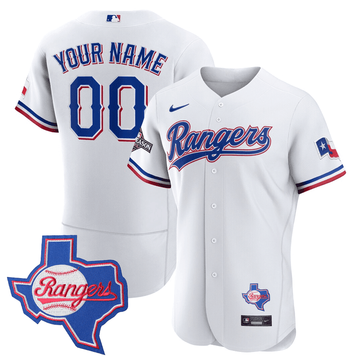 Texas Rangers Texas State Patch Custom White Jersey - All Stitched