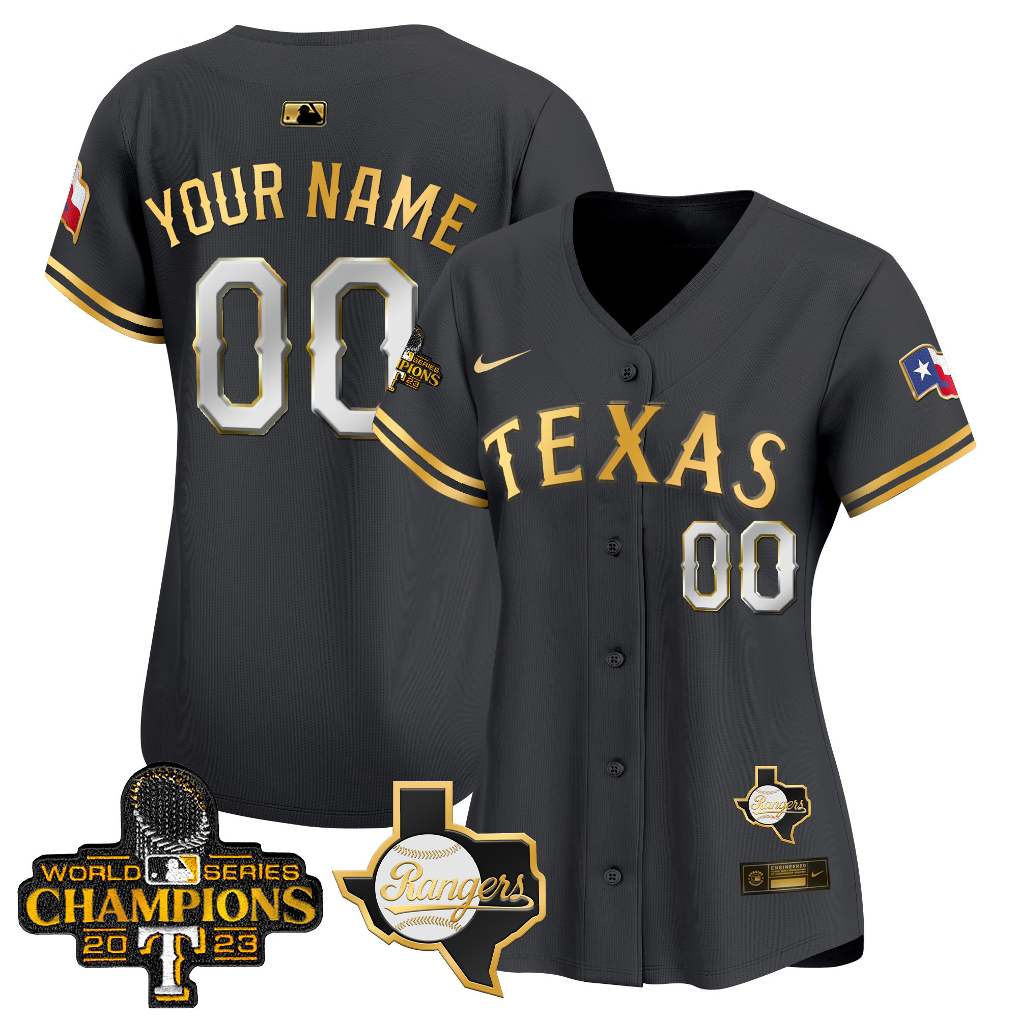 Texas Rangers World Series Champions Vapor Premier Elite Custom V2 Black Gold Jersey - All Stitched