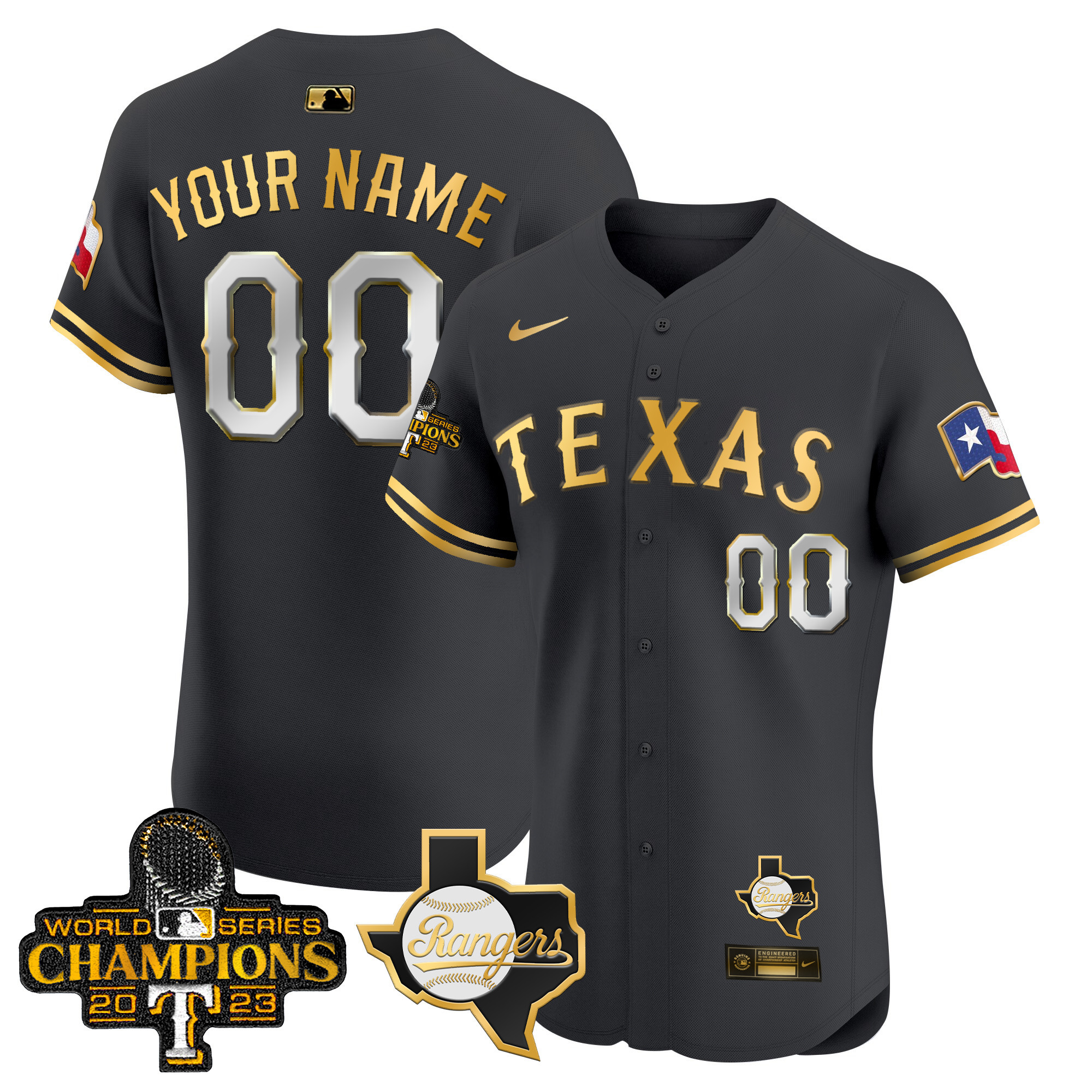 Texas Rangers World Series Champions Vapor Premier Elite Custom V2 Black Gold Jersey - All Stitched