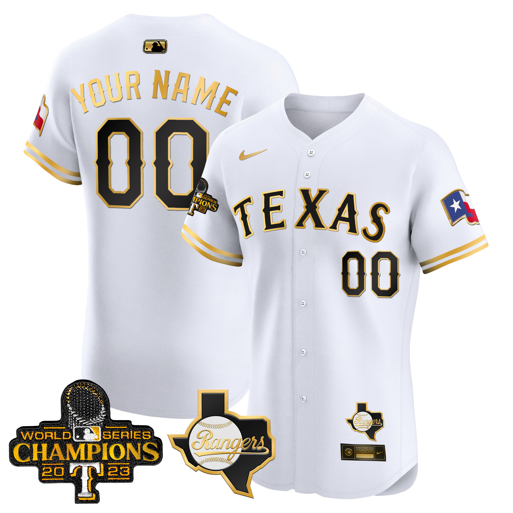 Texas Rangers World Series Champions Vapor Premier Elite Custom V2 White Gold Jersey - All Stitched