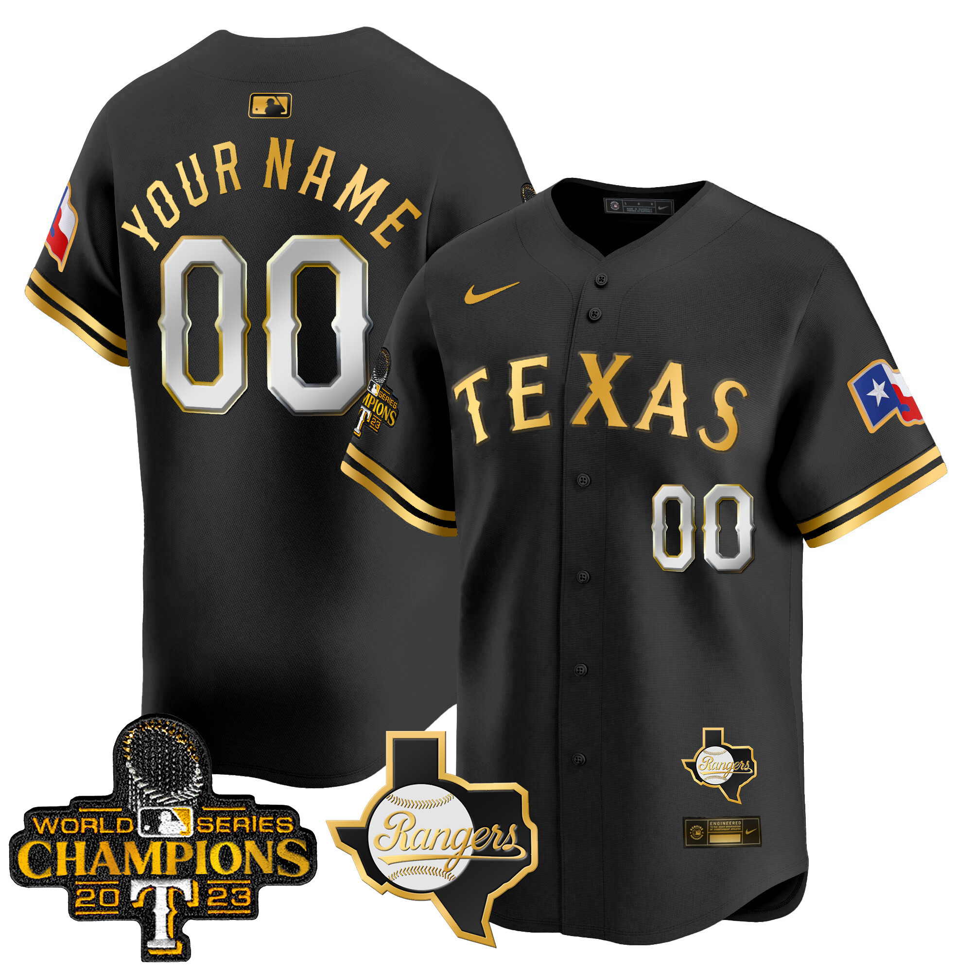 Texas Rangers World Series Champions Vapor Premier Limited Custom V2 Black Gold Jersey - All Stitched