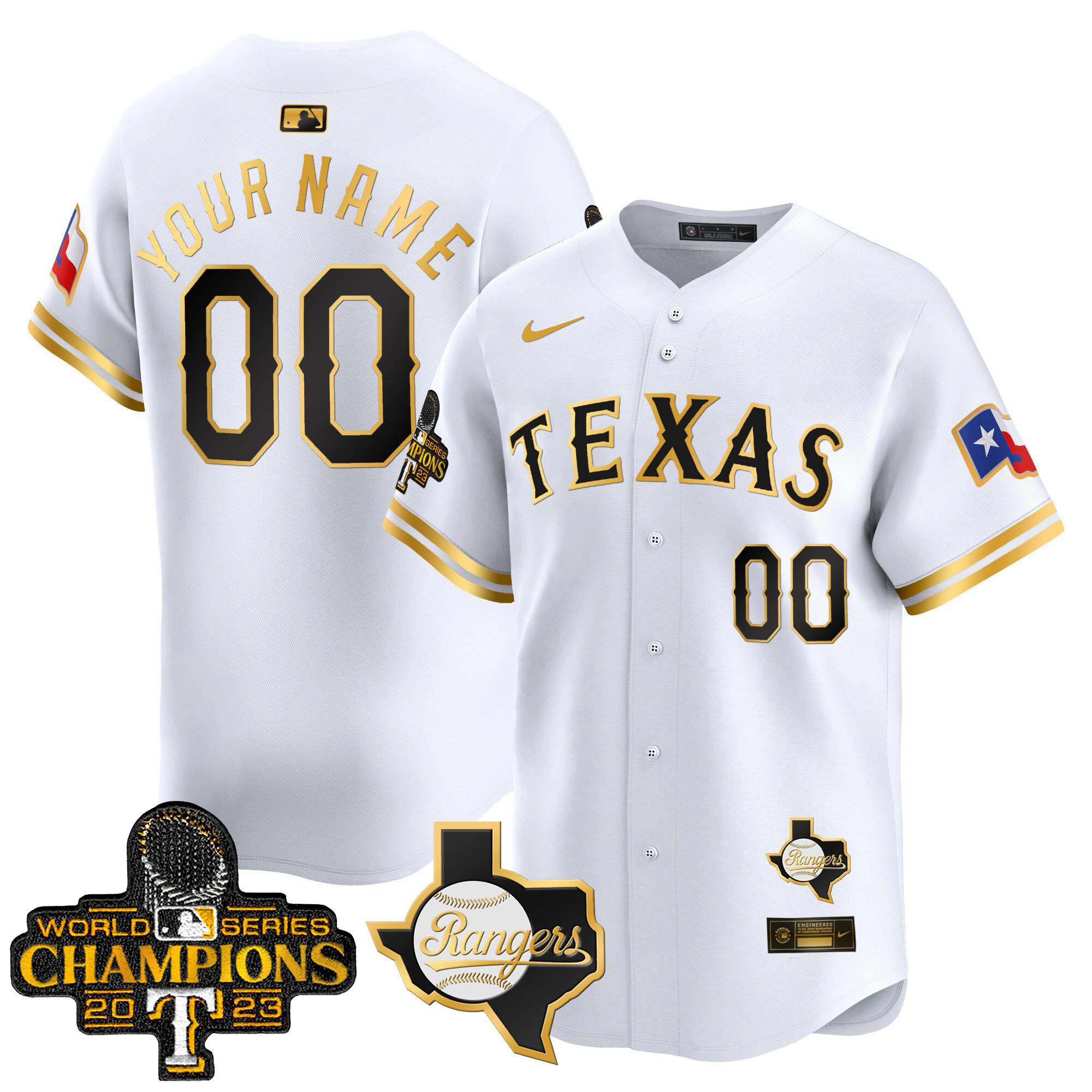 Texas Rangers World Series Champions Vapor Premier Limited Custom V2 White Gold Jersey - All Stitched