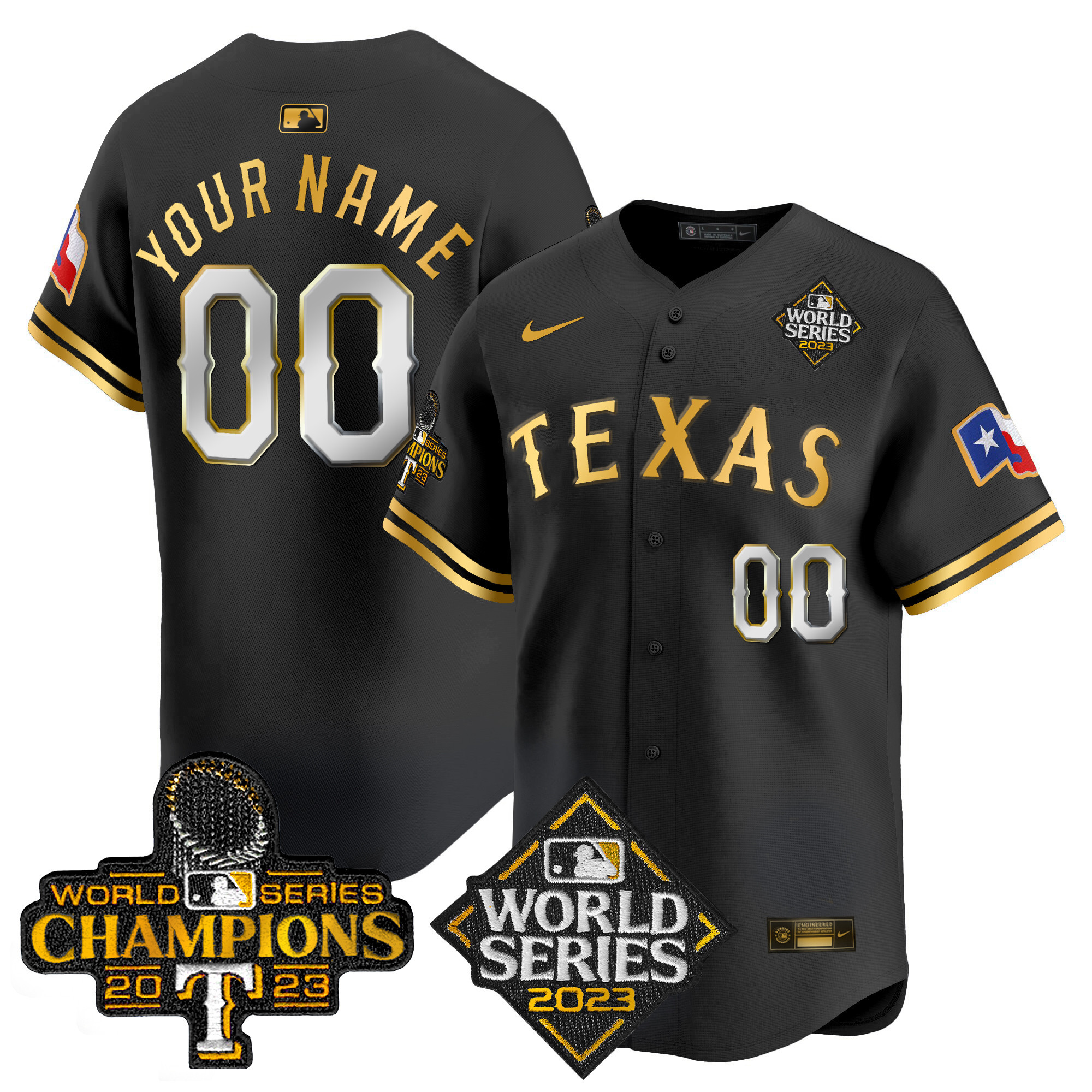 Texas Rangers World Series Champions Vapor Premier Limited Custom V4 Black Gold Jersey - All Stitched