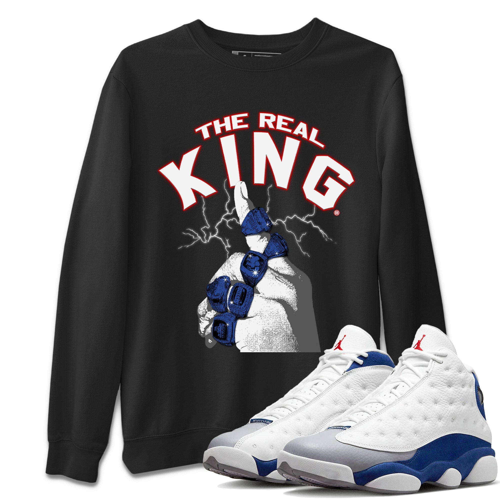 The Real King Unisex Sweater – Air Jordan 13 French Blue, Sneakers Matching Sweater