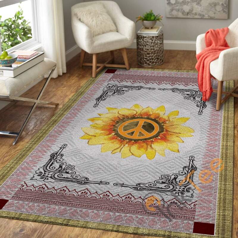 The Sunflower And Peace Sign In Mandala Pattern Hippie Soft Livingroom Bedroom Carpet Highlight For Home Rectangle Rug