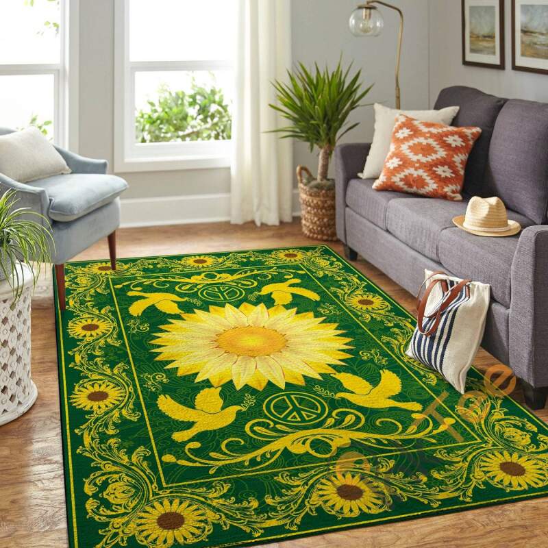 The Sunflowers And Golden Peace Sign Hippie Pattern Soft Livingroom Bedroom Carpet Highlight For Home Beautiful Rectangle Rug