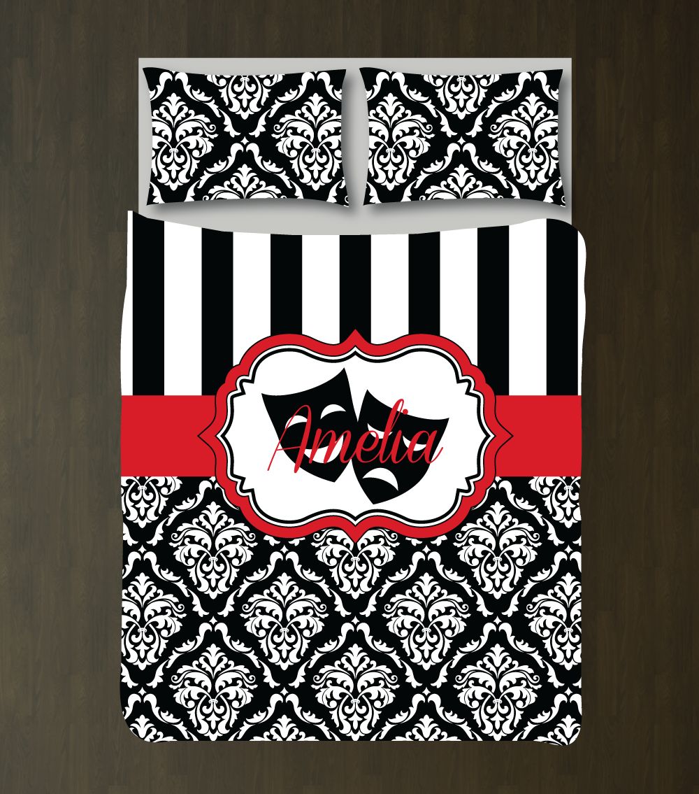 Theatre Mask Damask With Stripes Monogrammed Name Customized Duvet Cover Bedding Set