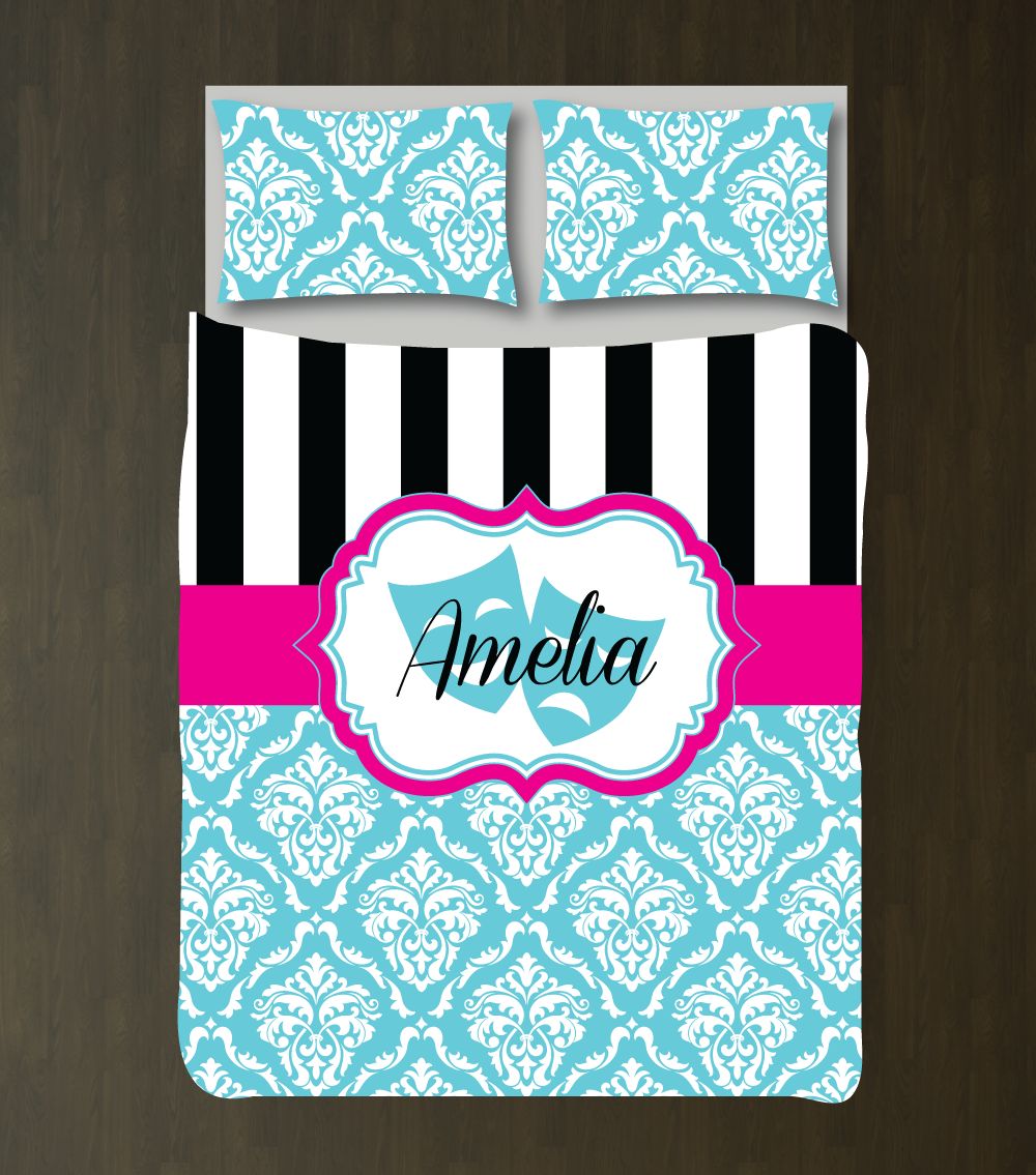 Theatre Mask Damask With Stripes Monogrammed Name Customized Hot Pink, Aqua, Black And White Duvet Cover Bedding Set