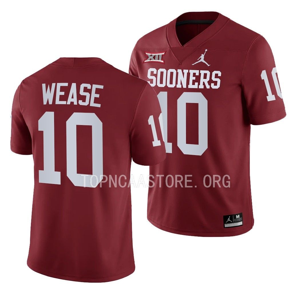 Theo Wease Oklahoma Sooners College #10 Jersey Men’s Crimson 2022 Game Uniform