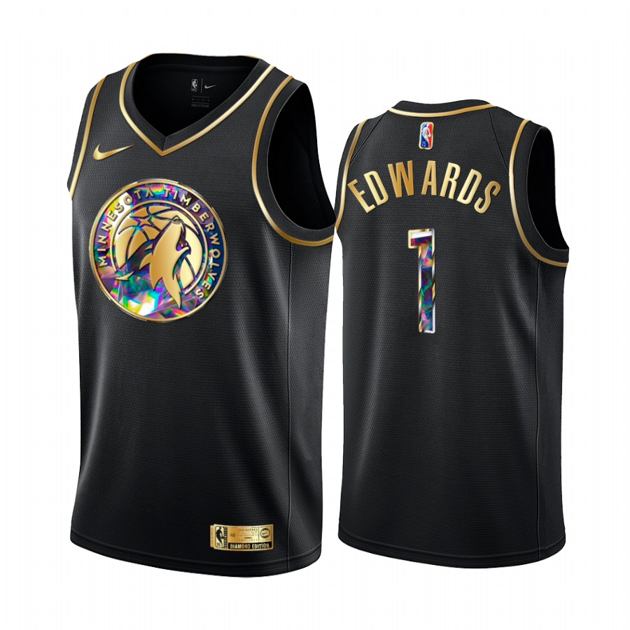 Timberwolves Anthony Edwards Diamond Logo Black 2021-22 Jersey NBA 75th Season