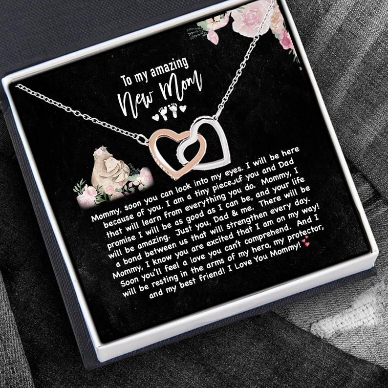 To My Amazing New Mom Necklace Gift For Mom, Double Heart Necklace New Mom Jewelry, Unique Gift for Mom, Baby Shower Gift, Mum Necklace