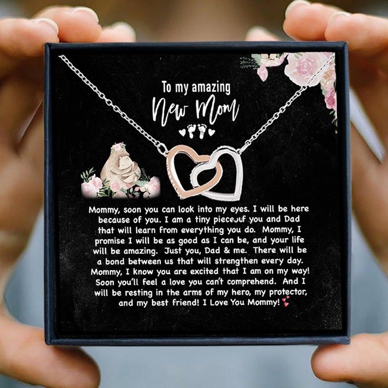 To My Amazing New Mom Necklace Gift For Mom, Double Heart Necklace New Mom Jewelry, Unique Gift for Mom, Baby Shower Gift, Mum Necklace