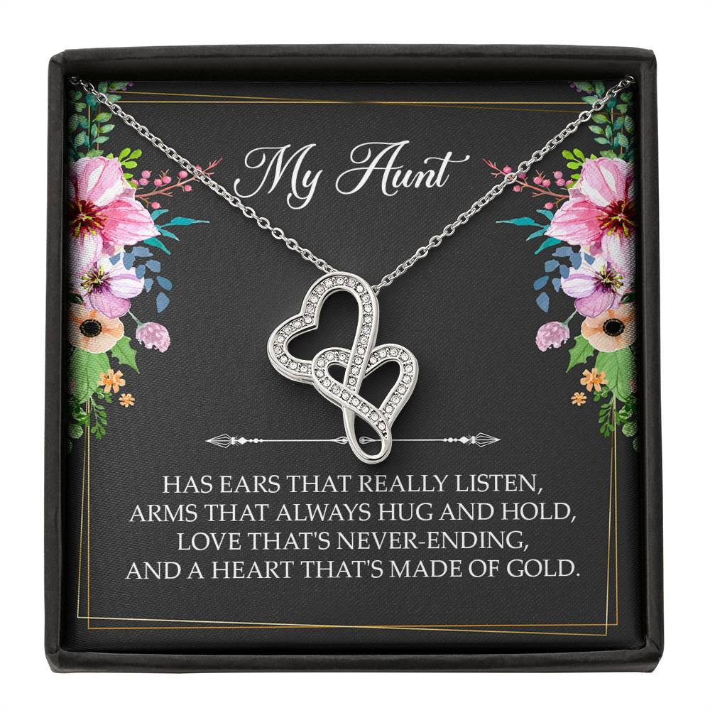 To My Aunt Gifts, Has Ears That Really Listen, Double Heart Necklace For Women, Aunt Birthday Present From Niece Nephew
