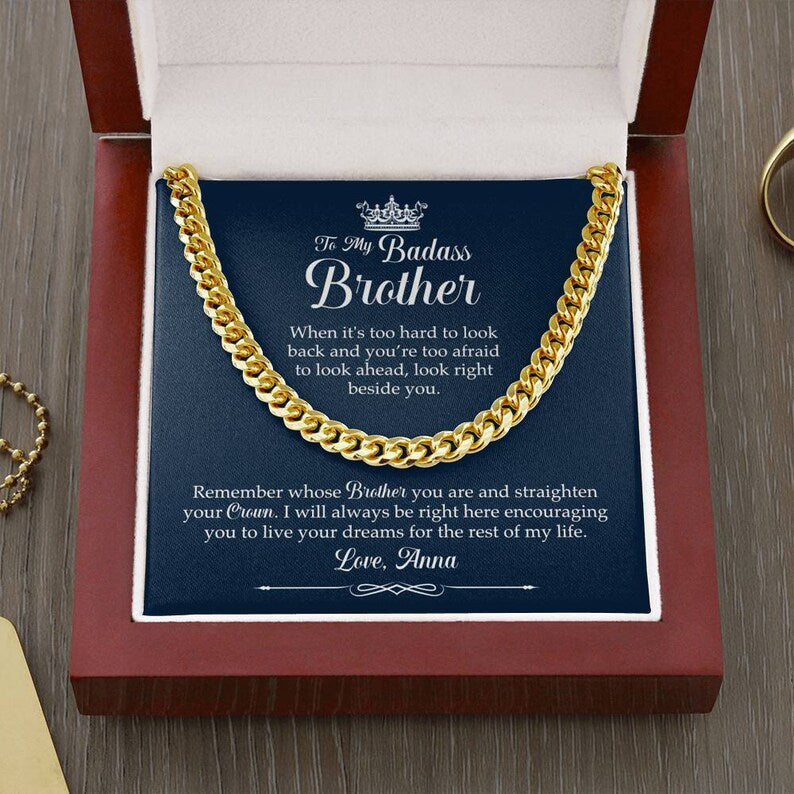 To My Badass Brother Necklace – Straighten Your Crown, Necklace Gift for Badass Brother, Cuban Link Chain Necklace