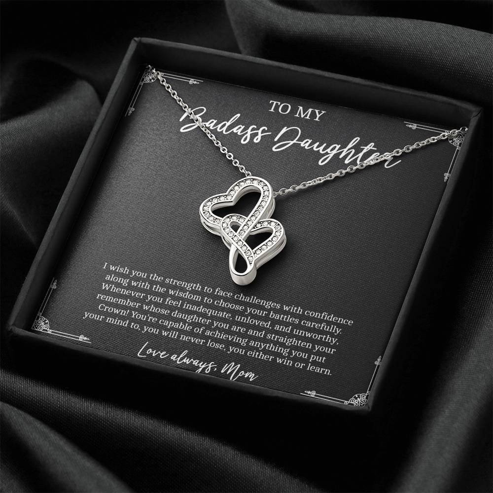 To My Badass Daughter Gifts, I Wish You Strength To Face Challenges, Double Heart Necklace For Women, Birthday Present Idea From Mom