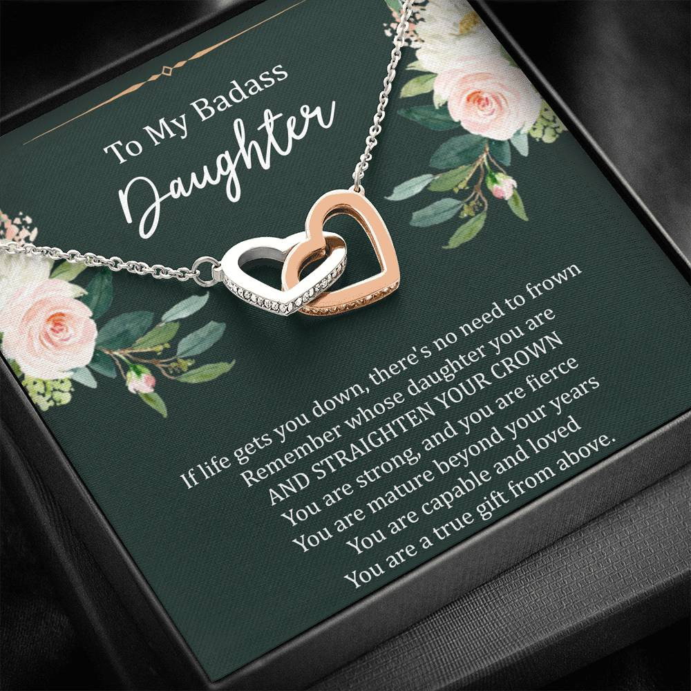 To My Badass Daughter Gifts, If Life Gets You Down, Interlocking Heart Necklace For Women, Birthday Present Idea From Mom