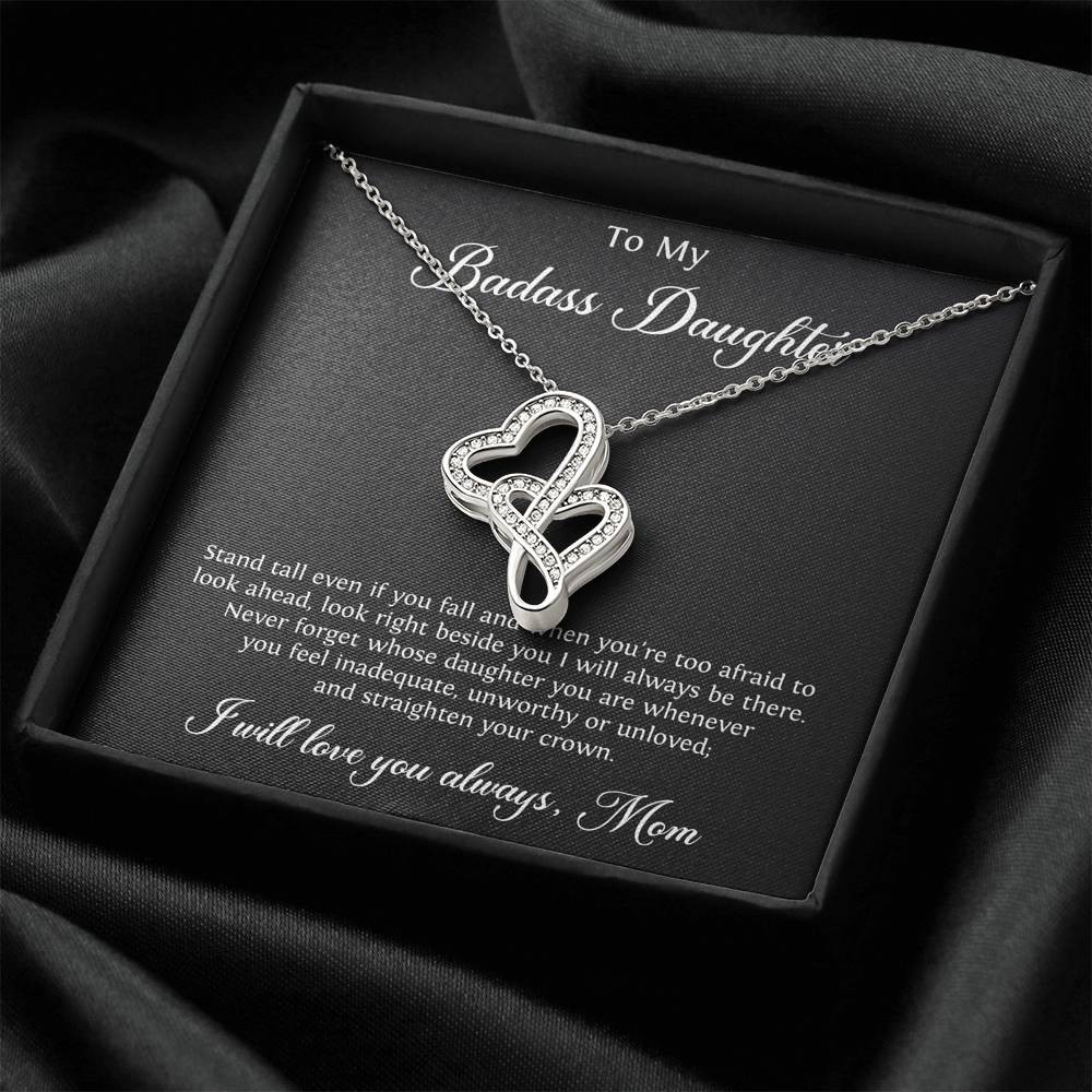 To My Badass Daughter Gifts, Stand Tall Even If You Fall, Double Heart Necklace For Women, Birthday Present Idea From Mom