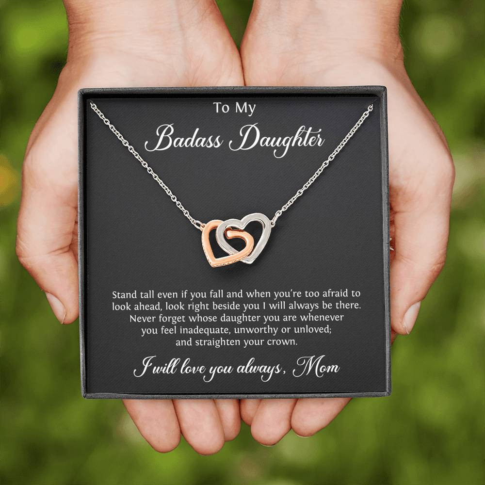 To My Badass Daughter Gifts, Stand Tall Even If You Fall, Interlocking Heart Necklace For Women, Birthday Present Idea From Mom