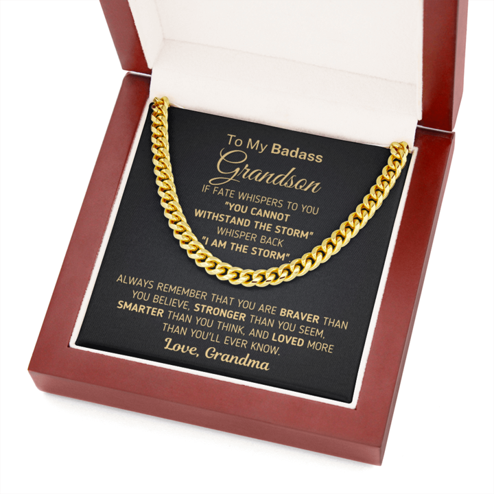 To My Badass Grandson Necklace Withstand The Storm – I Am The Storm Love, Grandma Cuban Link Chain Necklace