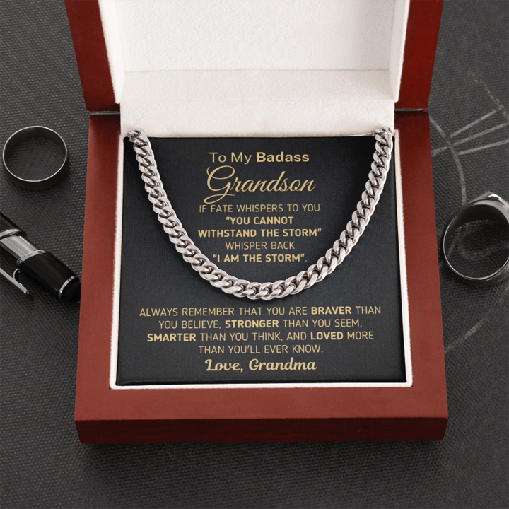 To My Badass Grandson Necklace Withstand The Storm – I Am The Storm Love, Grandma Cuban Link Chain Necklace