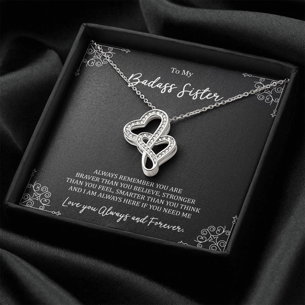 To My Badass Sister Gifts, Always Remember, Double Heart Necklace For Women, Birthday Present Ideas From Sister Brother