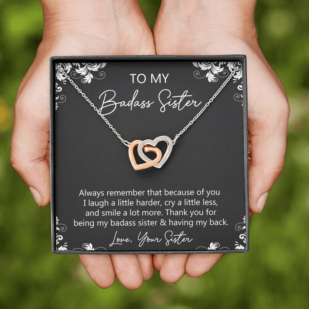 To My Badass Sister Gifts, Always Remember, Interlocking Heart Necklace For Women, Birthday Present Idea From Sister