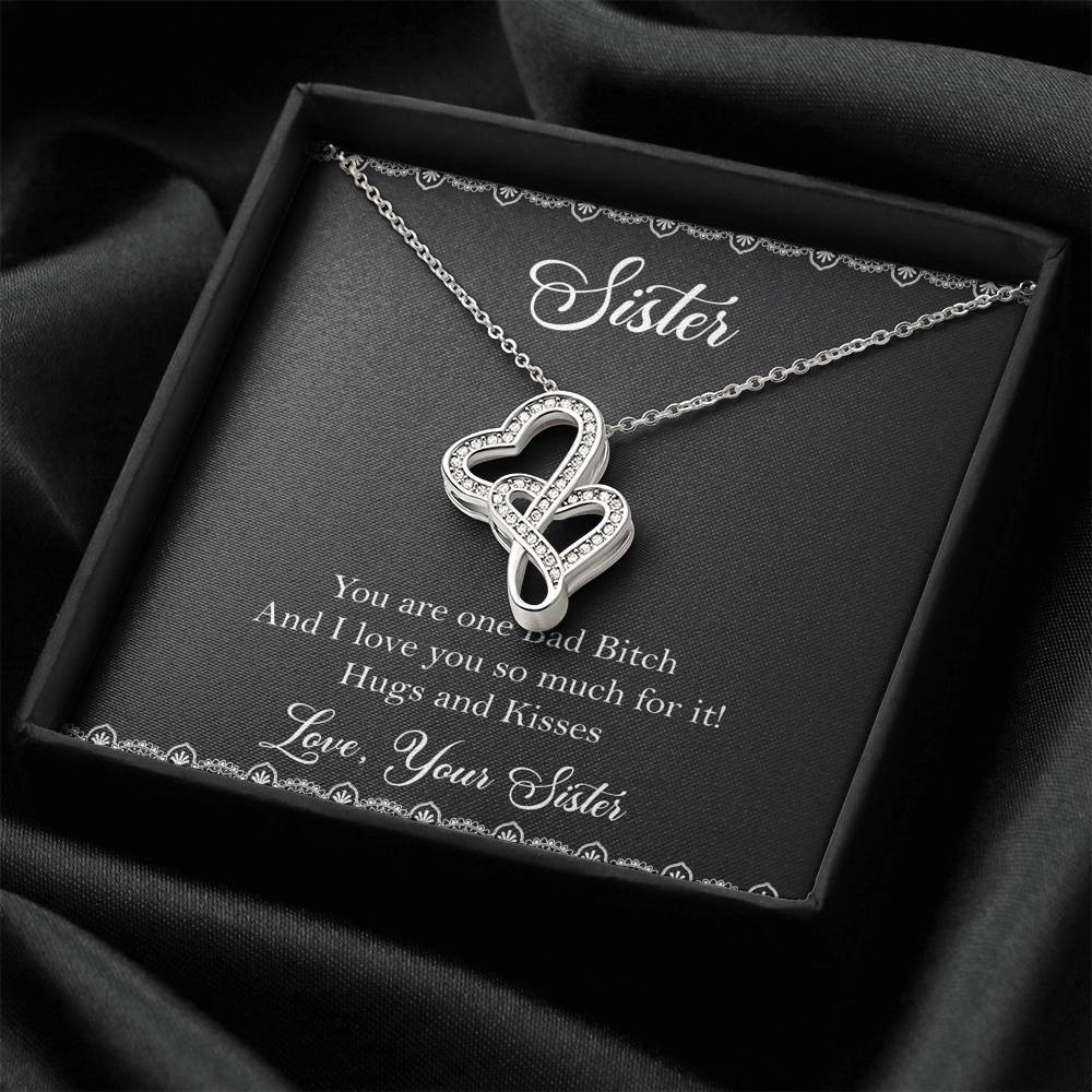 To My Badass Sister Gifts, Hugs And Kisses, Double Heart Necklace For Women, Birthday Present Idea From Sister
