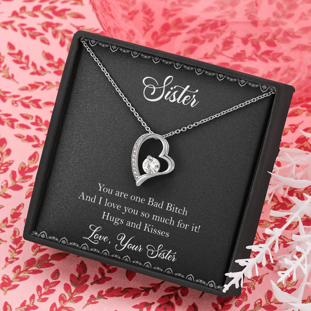 To My Badass Sister Gifts, Hugs And Kisses, Forever Love Heart Necklace For Women, Birthday Present Idea From Sister