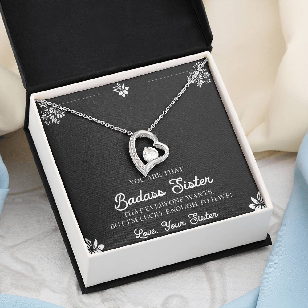 To My Badass Sister Gifts, Lucky To  Have You, Forever Love Heart Necklace For Women, Birthday Present Idea From Sister