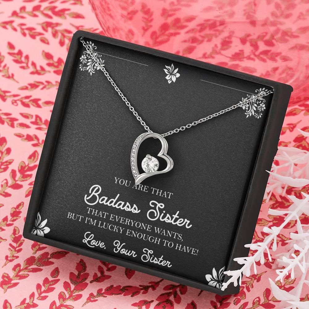 To My Badass Sister Gifts, Lucky To  Have You, Forever Love Heart Necklace For Women, Birthday Present Idea From Sister