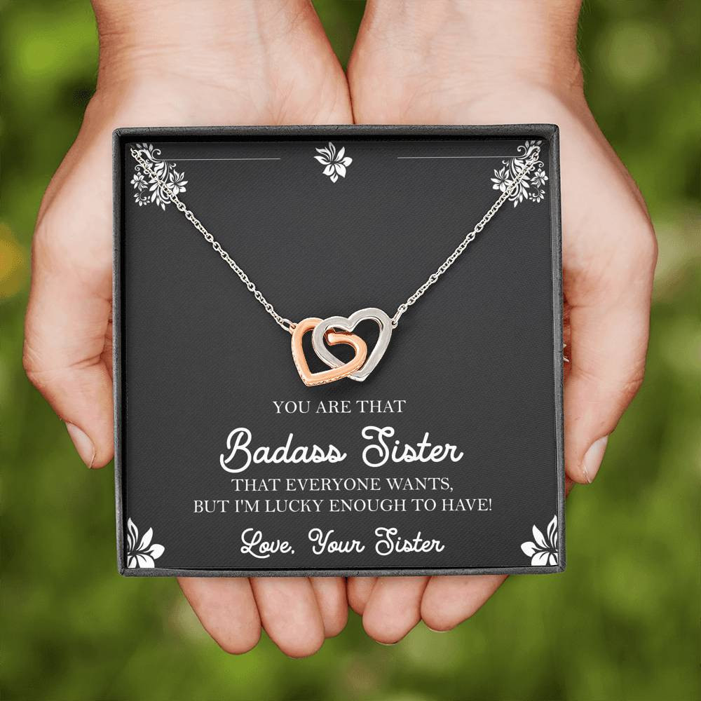 To My Badass Sister Gifts, Lucky To  Have You, Interlocking Heart Necklace For Women, Birthday Present Idea From Sister