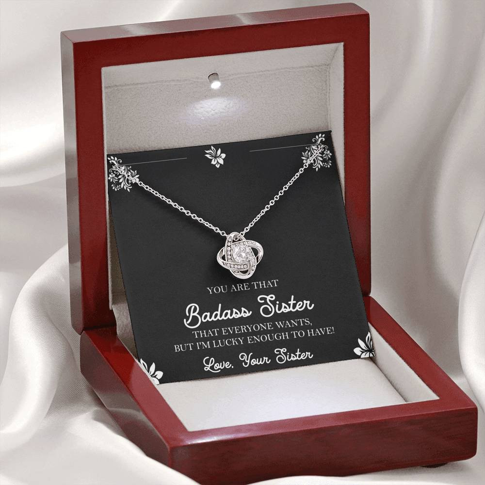 To My Badass Sister Gifts, Lucky To  Have You, Love Knot Necklace For Women, Birthday Present Idea From Sister