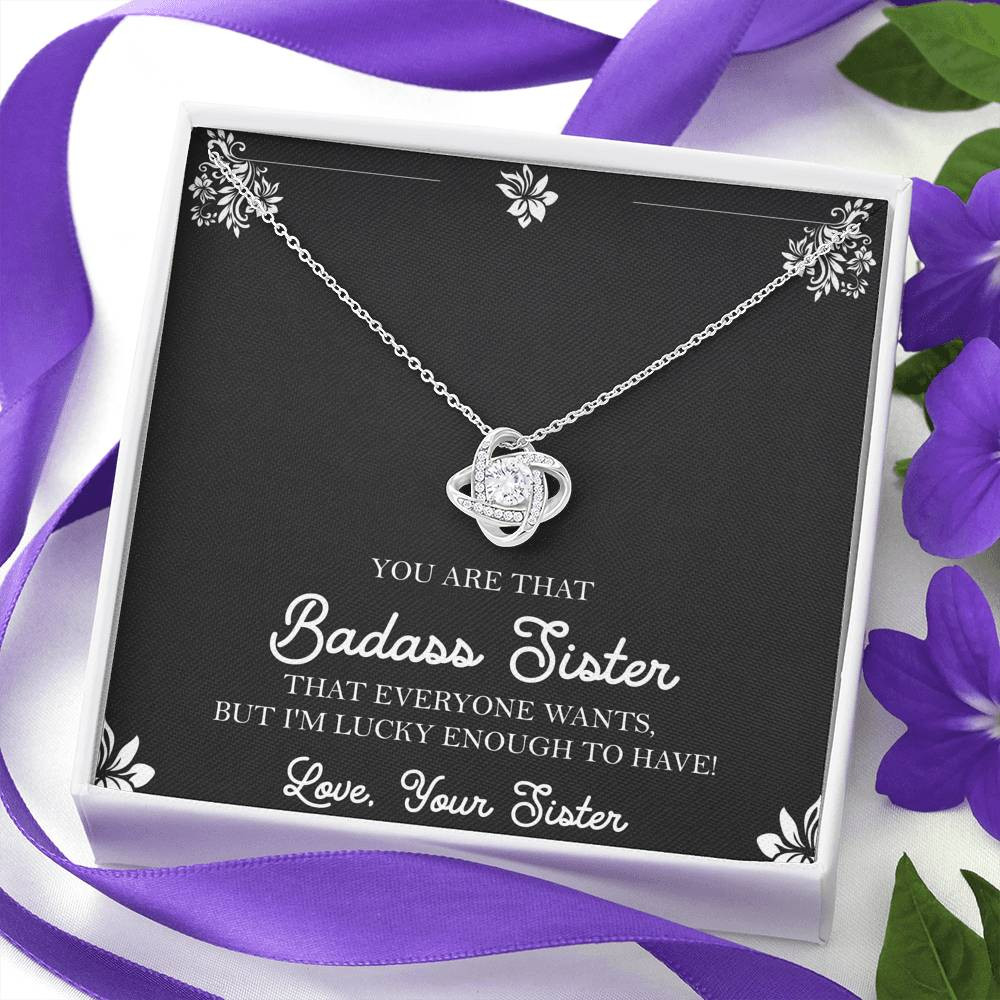 To My Badass Sister Gifts, Lucky To  Have You, Love Knot Necklace For Women, Birthday Present Idea From Sister