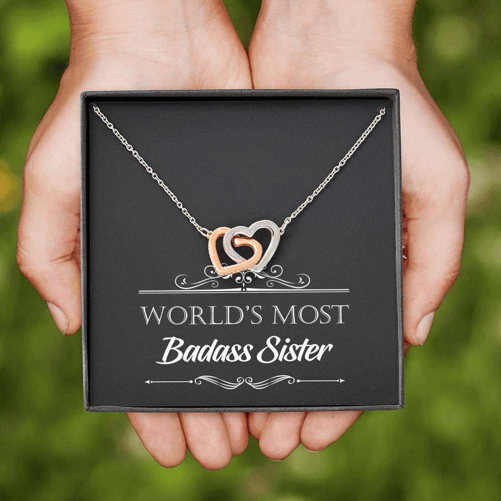 To My Badass Sister Gifts, World’s Most Badass Sister, Interlocking Heart Necklace For Women, Birthday Present Idea From Sister