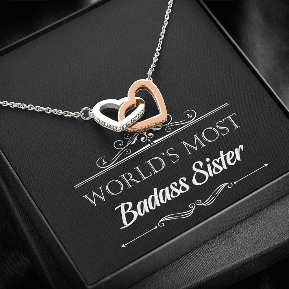 To My Badass Sister Gifts, World’s Most Badass Sister, Interlocking Heart Necklace For Women, Birthday Present Idea From Sister