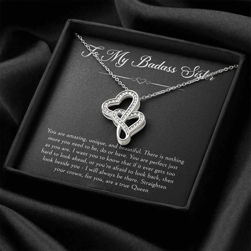 To My Badass Sister Gifts, You Are Amazing, Double Heart Necklace For Women, Birthday Present Ideas From Sister Brother