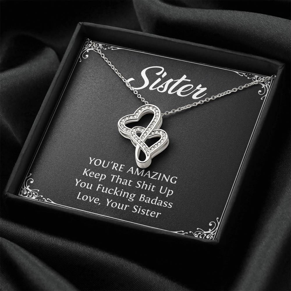To My Badass Sister Gifts, You’re Amazing, Double Heart Necklace For Women, Birthday Present Idea From Sister
