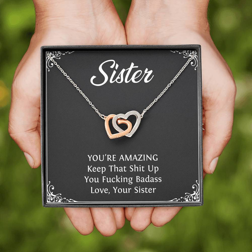 To My Badass Sister Gifts, You’re Amazing, Interlocking Heart Necklace For Women, Birthday Present Idea From Sister