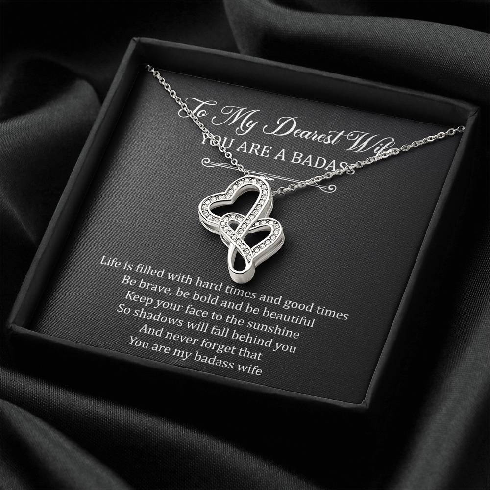 To My Badass Wife, Be Brave, Double Heart Necklace For Women, Anniversary Birthday Valentines Day Gifts From Husband