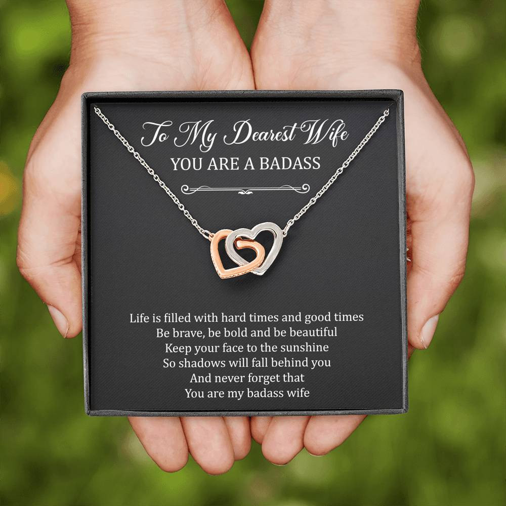 To My Badass Wife, Be Brave, Interlocking Heart Necklace For Women, Anniversary Birthday Valentines Day Gifts From Husband