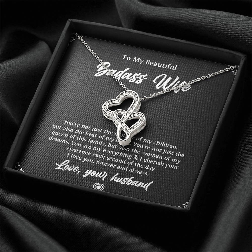 To My Badass Wife, Beat Of My Heart, Double Heart Necklace For Women, Anniversary Birthday Valentines Day Gifts From Husband