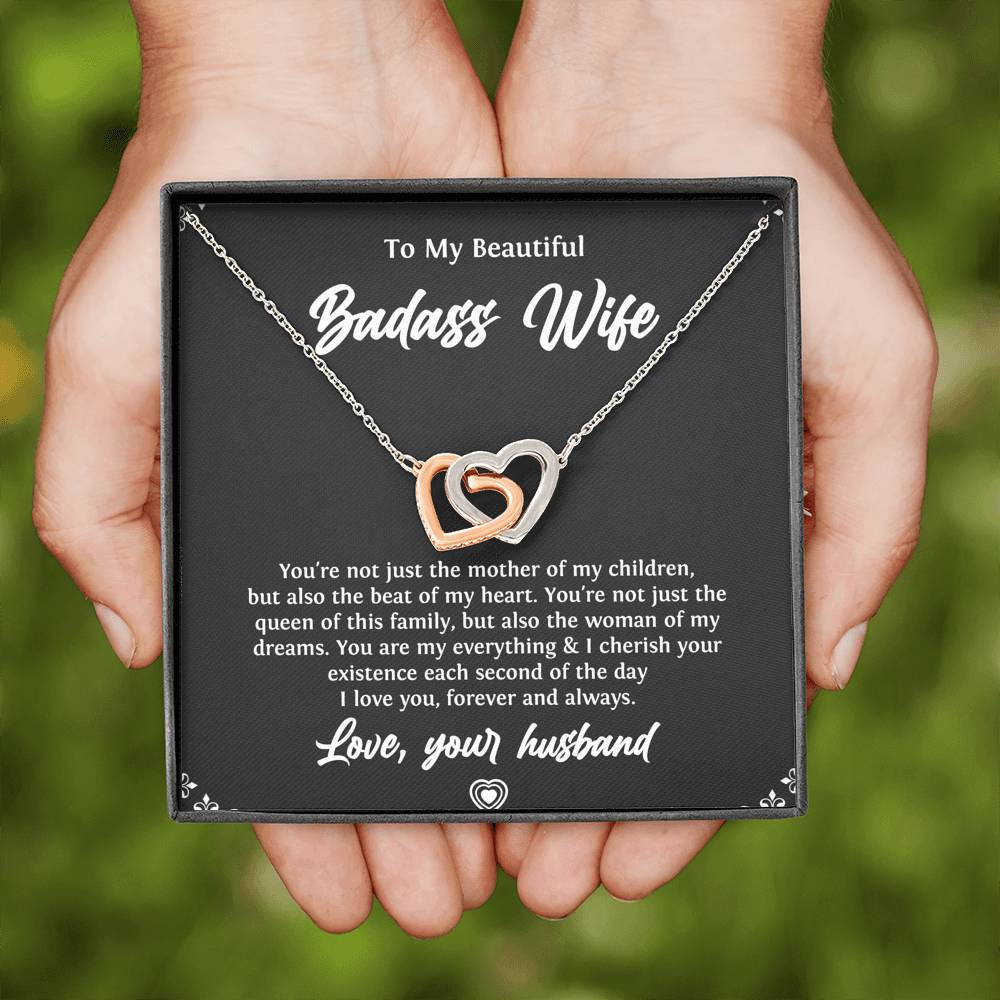 To My Badass Wife, Beat Of My Heart, Interlocking Heart Necklace For Women, Anniversary Birthday Valentines Day Gifts From Husband