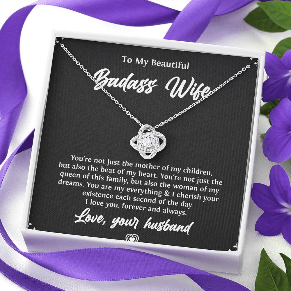 To My Badass Wife, Beat Of My Heart, Love Knot Necklace For Women, Anniversary Birthday Valentines Day Gifts From Husband