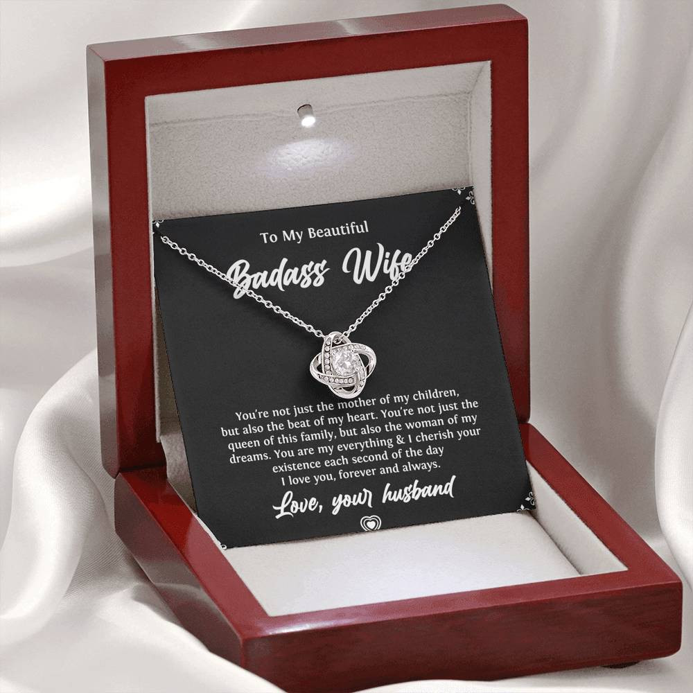 To My Badass Wife, Beat Of My Heart, Love Knot Necklace For Women, Anniversary Birthday Valentines Day Gifts From Husband
