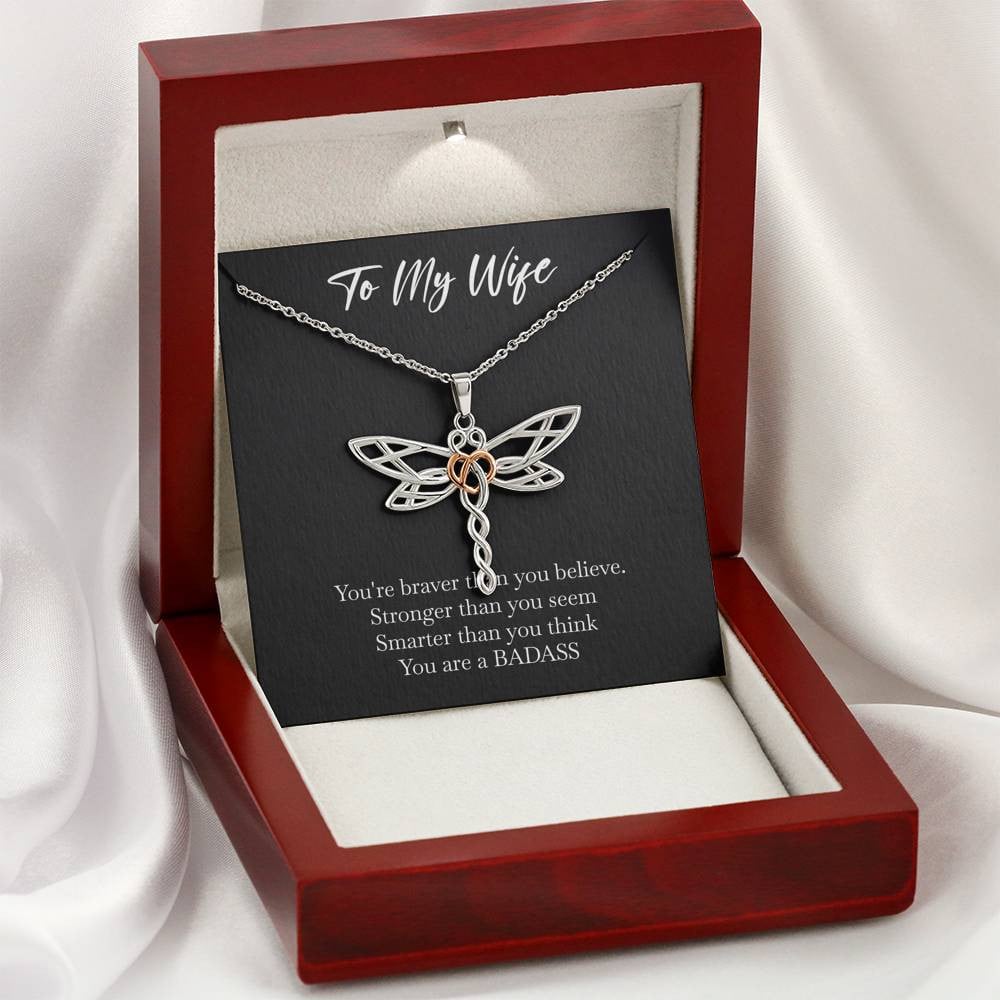 To My Badass Wife, Braver Than You Believe, Dragonfly Necklace For Women, Anniversary Birthday Valentines Day Gifts From Husband