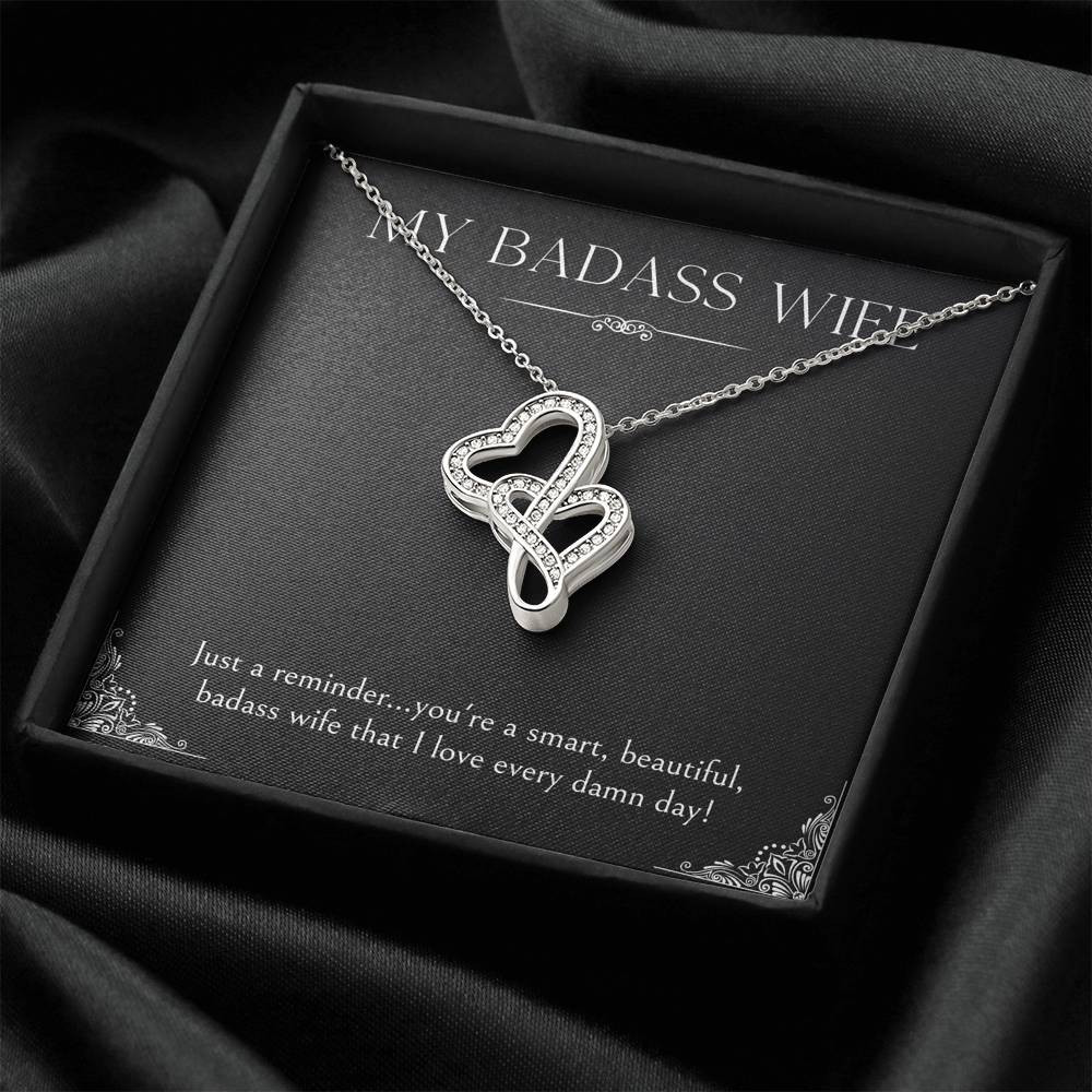 To My Badass Wife, Just A Reminder, Double Heart Necklace For Women, Anniversary Birthday Valentines Day Gifts From Husband