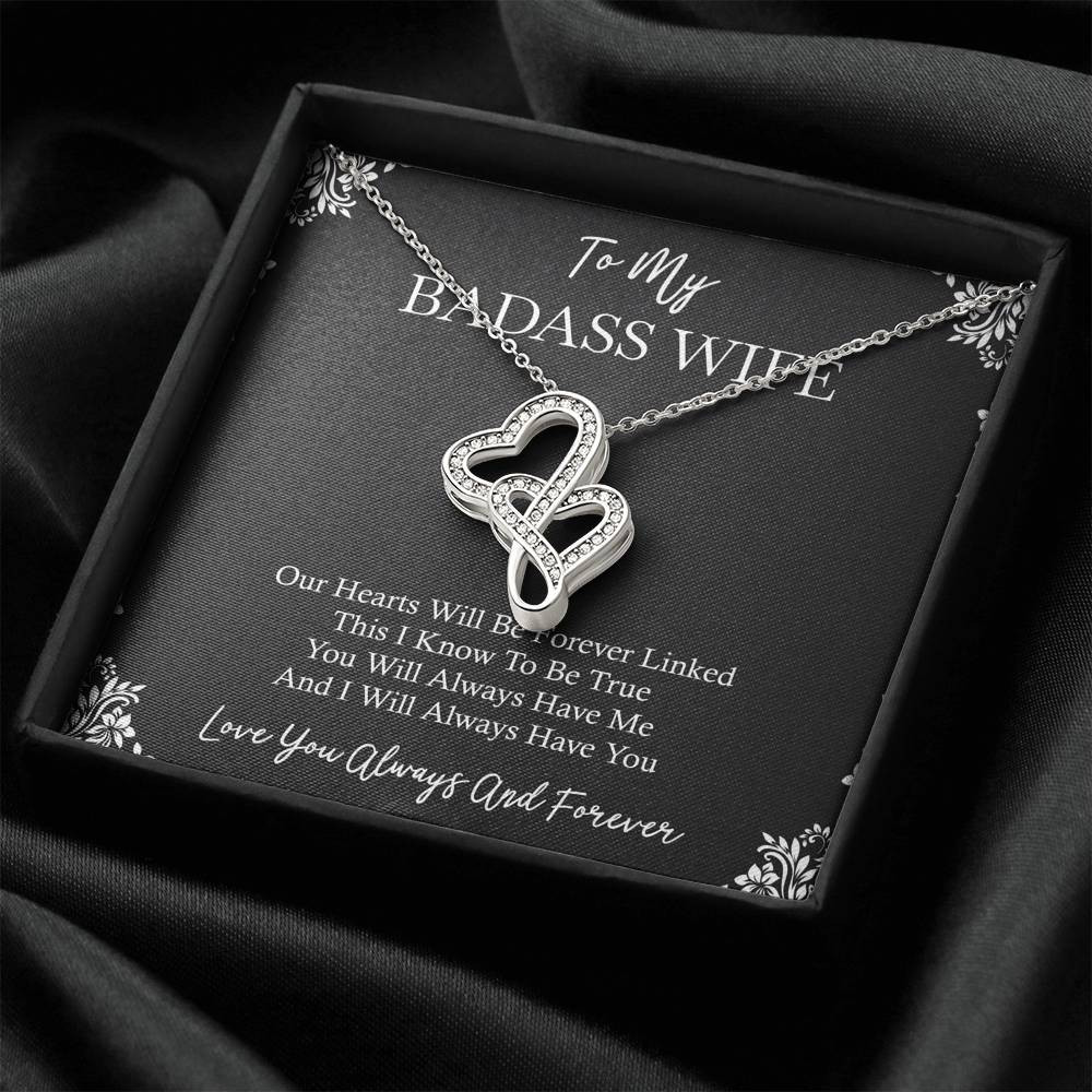 To My Badass Wife, You Will Always Have Me, Double Heart Necklace For Women, Anniversary Birthday Valentines Day Gifts From Husband