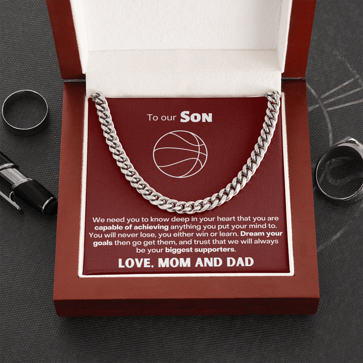 To My Basketball Crazy Son Necklace – Dream Your Goals Then Go Get Them – Cuban Link Chain Necklace